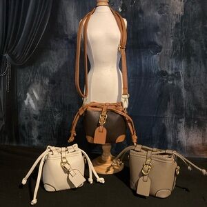 Brown and Beige mini Leather Crossbody Bag with 20” adjustable shoulder strap.